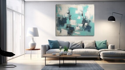  a living room with a couch, table, lamp and painting on the wall.  generative ai