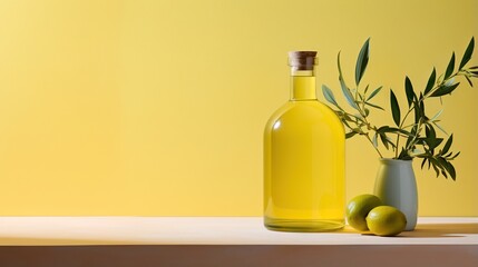  a bottle of olive oil next to a vase with olives.  generative ai - obrazy, fototapety, plakaty