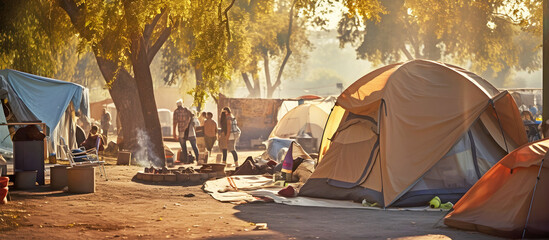 homeless tent city. AI generated. - obrazy, fototapety, plakaty
