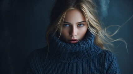fashion portrait of young blonde model woman wearing blue sweater, studio shot