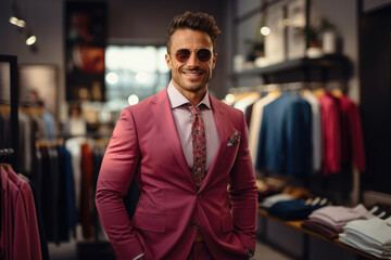 Fototapeta premium Stylish man trying on a pink suit in a store