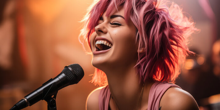 A Pink-Haired Vision: Passionate Female Singer in her 40s