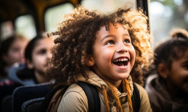 Excited Elementary Students with Teachers and Parents Board School Bus for Field Trip