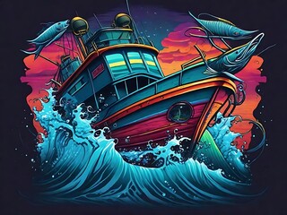 Naklejka premium T-shirt Design that embodies the excitement of Fishing boat on the open ocean Generated by Ai