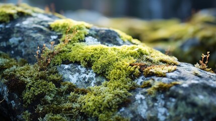 Close up of colorful lichens growing on a rock in the tundra. Various shades of green, yellow,...