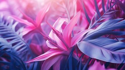  a close up of a pink and blue plant with leaves.  generative ai