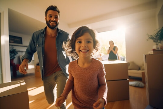 Portrait of young smiling family moving to new home.