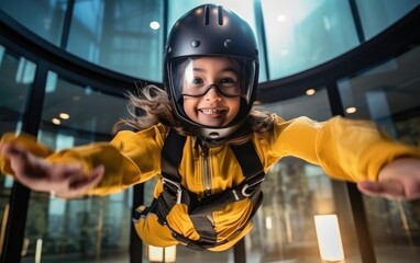 Fototapeta Free falling of a child girl in a simulator at a city skydiving center obraz