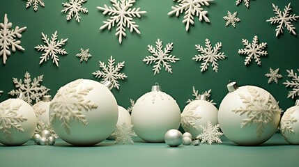  a group of white christmas ornaments sitting on top of a table.  generative ai