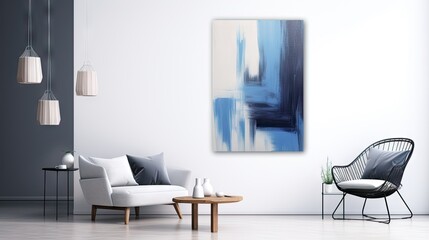  a living room with a white couch and a blue painting on the wall.  generative ai