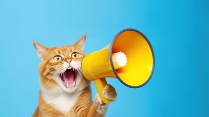 Funny cat with megaphone on color background. Loudspeaker - obrazy, fototapety, plakaty