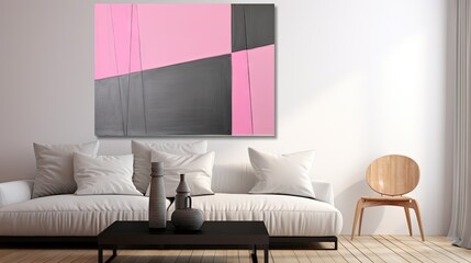  a living room with a white couch and a pink painting on the wall.  generative ai