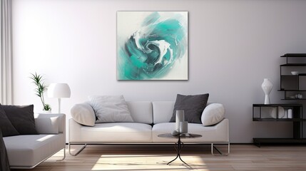  a living room with a white couch and a painting on the wall.  generative ai