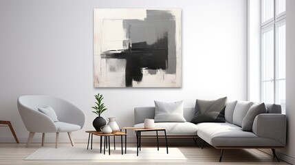  a living room with a couch, chair, coffee table and a painting on the wall.  generative ai