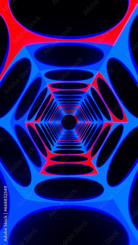 Poster hexagonal neon light tunnel motion graphics, looping animation of vertical screen design looping ani