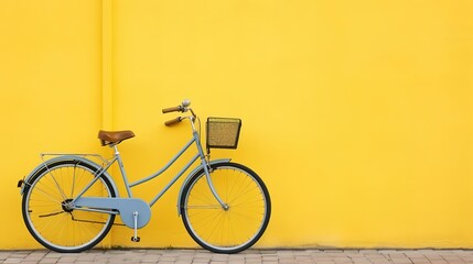 Vintage bicycle on yellow wall background,vintage color tone.