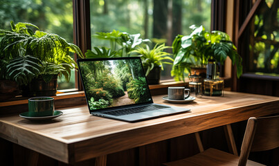 home office setup with a modern desk, computer, and a window view of nature, symbolizing the shift to remote work