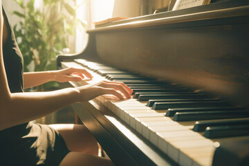 Close-up of person teaching piano lesson at home.