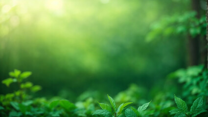 Beautiful green nature blur background with bokeh defocused lights