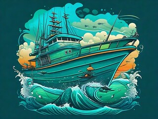 Naklejka premium T-shirt Design that embodies the excitement of Fishing boat on the open ocean Generated by Ai