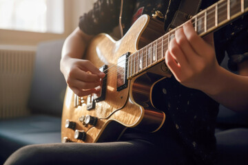 Fototapeta premium Close up shot of man playing vintage electric guitar
