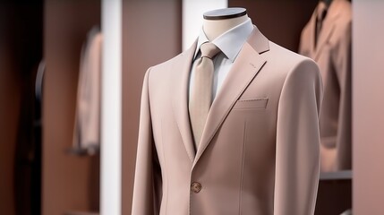 Men's beige suit on a mannequin in a store