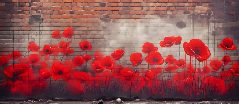 poppies painted on a brick wall. AI generated.