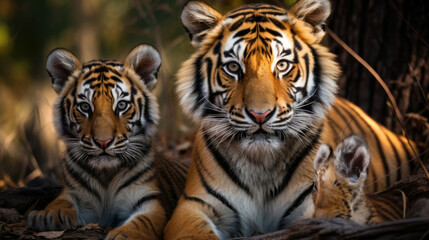 Family of tigers in the wild
