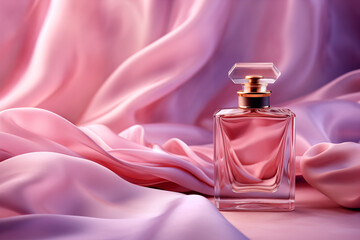 Pink perfume bottle and pink silk