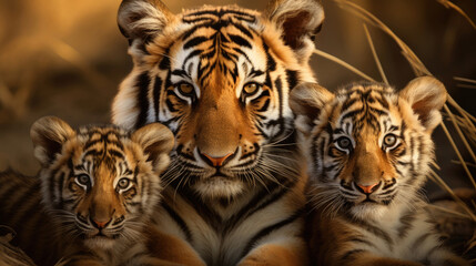 Family of tigers in the wild