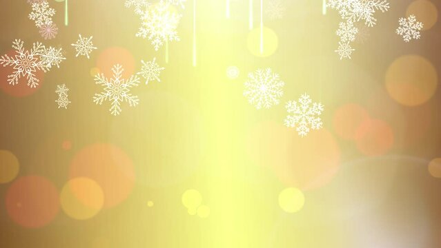 Cascading snowflakes, bokeh circles and lens flare on gold gradient. Abstract winter background suitable for a variety of ideas and uses.