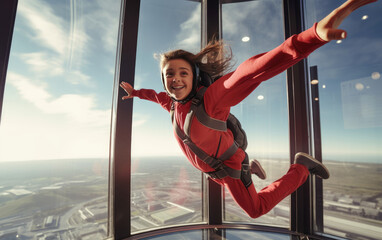Free falling of a child girl in a simulator at a city skydiving center - obrazy, fototapety, plakaty