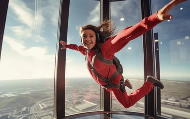  Free falling of a child girl in a simulator at a city skydiving center © piai