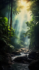 illustration of a moody jungle scenery with sun rays