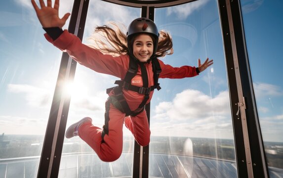 Free falling of a child girl in a simulator at a city skydiving center