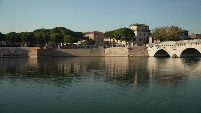 View of Ponte di Tiberio from Parco XXV Aprile, Rimini, Emilia Romagna, Italy