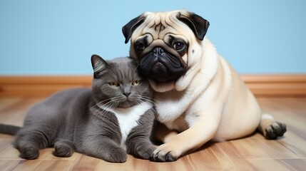 Cute pug dog and cat sitting together on the floor at home