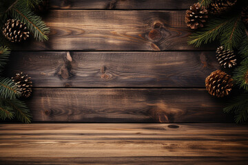 Christmas background with border from pine branches and decorations on dark wooden table - obrazy, fototapety, plakaty
