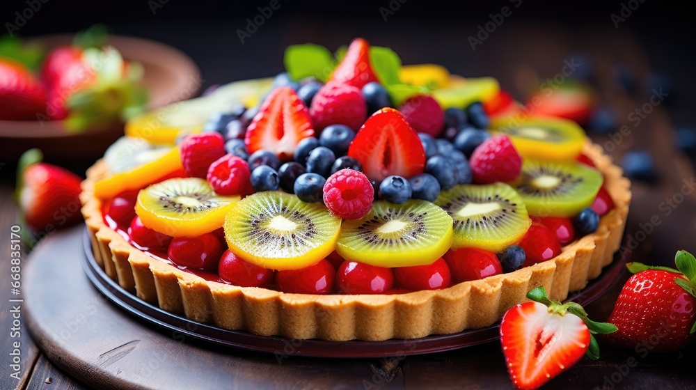 Sticker  a fruit tart on a plate with strawberries, kiwis, and strawberries on the side of the tart and a plate with strawberries on the side.  generative ai