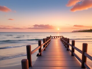 Fototapeta na wymiar Wooden pier on the beach at beautiful sunset in the evening
