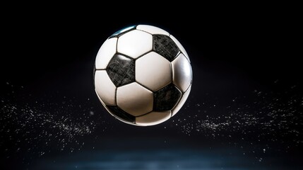 Naklejka premium Vibrant, hyper-realistic image capturing the intense action of a soccer ball in mid-flight. Sharp focus and detailed texture showcase the precision and energy of the sport.