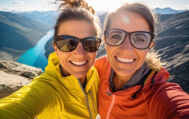 Two beautiful woman friends on a hike trail