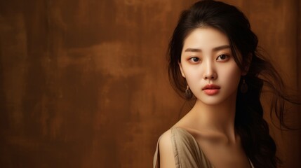 Naklejka premium Beautiful Young Korean Woman Portrait with Perfect Smooth Skin on Brown Background - Flawless Beauty in Focus