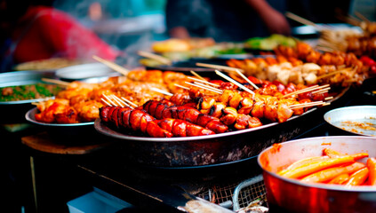 Fried food with sticks, Thai style food, Thailand street food. AI generated