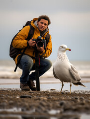 A Photo of a Seagull and a Wildlife Photographer in Nature