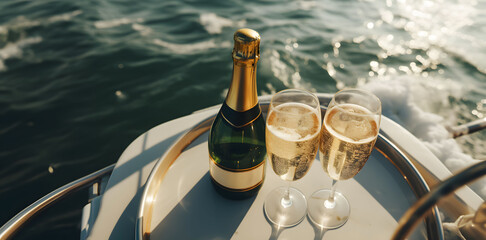 2 glasses of champagne together a bottle on a yacht with a beautiful sunset of the sea - obrazy, fototapety, plakaty