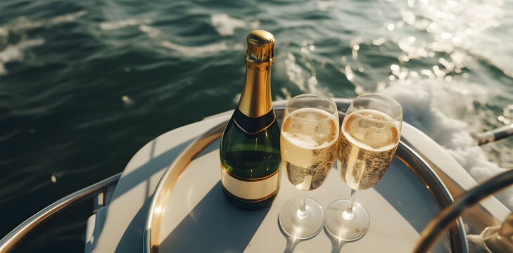 2 glasses of champagne together a bottle on a yacht with a beautiful sunset of the sea