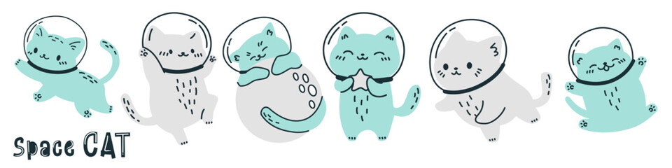 Scandinavian style vector set. Cats in spacesuits flying in space. Space cat inscription. Cute astronaut cats . Vector illustration