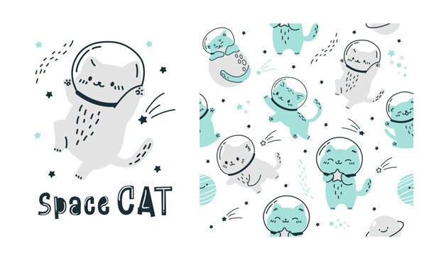 Vector set for printing on children's products. Seamless pattern and print for printing. Cats in spacesuits flying in space. Space cat inscription. Vector illustration