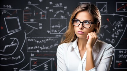 Mid-30s woman in professional attire, deep in thought, studying complex equations on a whiteboard. Her bewildered expression and intense focus show her search for answers in a workplace setting.